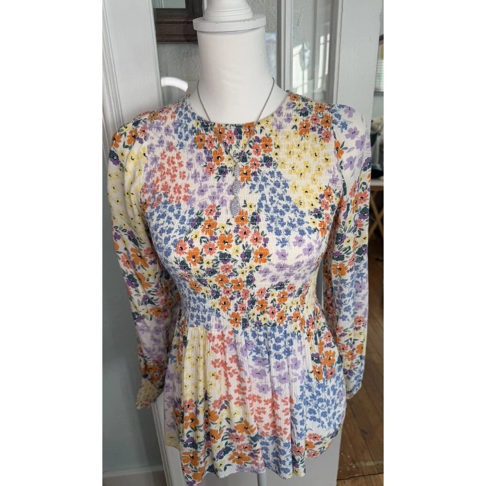 Fat Face Multicolor Floral Smocked Elegant Long Sleeve Babydoll Blouse Size 4